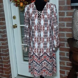 Jessica Simpson stretch print dress blue orange tan 3/4 sleeve chevron 12 EUC …